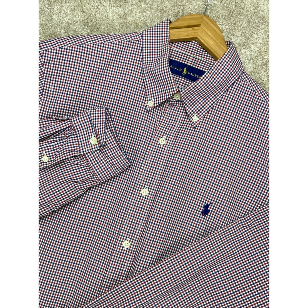Ralph Lauren Gingham Check Button Down Shirt Mens L Red White Long Sleeve Office